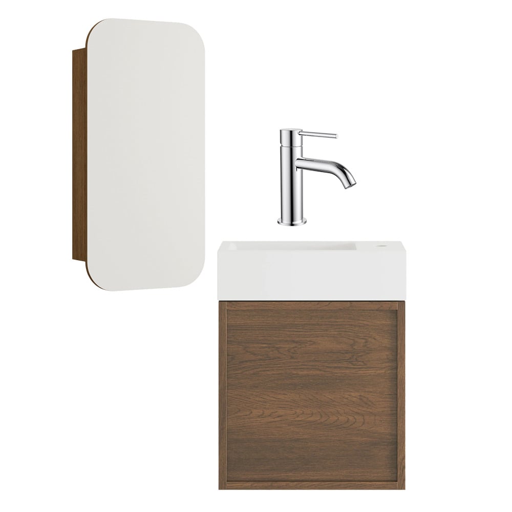 Cali 460mm Walnut Wall Hung Vanity Basin & Shaving Cabinet Package