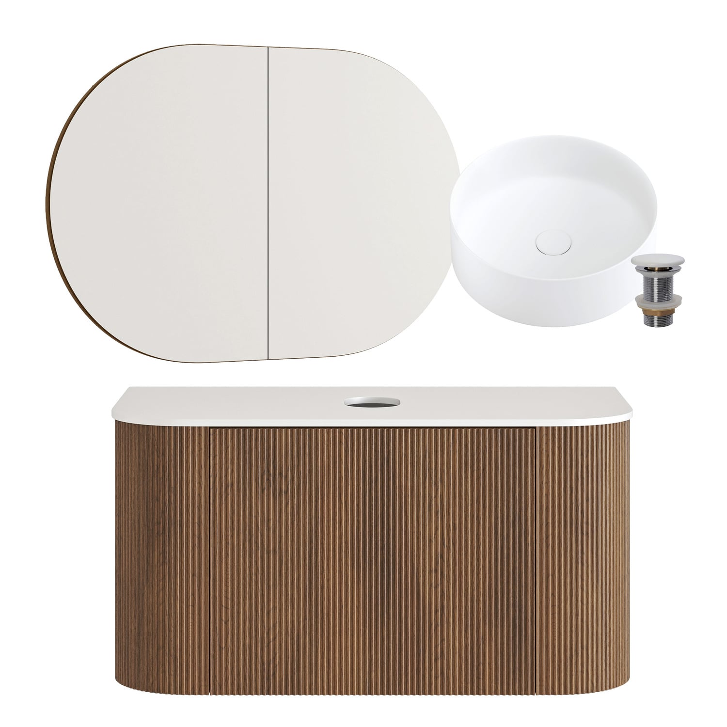 Nomad 900mm Walnut Wall Hung Vanity with Round Basin & Shaving Cabinet Package