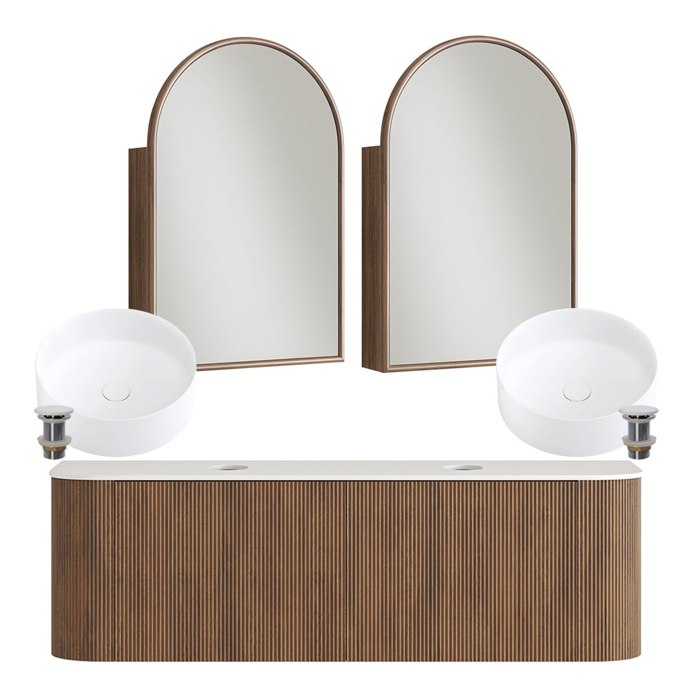 Nomad 1500mm Walnut Wall Hung Vanity with Round Basin & Shaving Cabinet Package