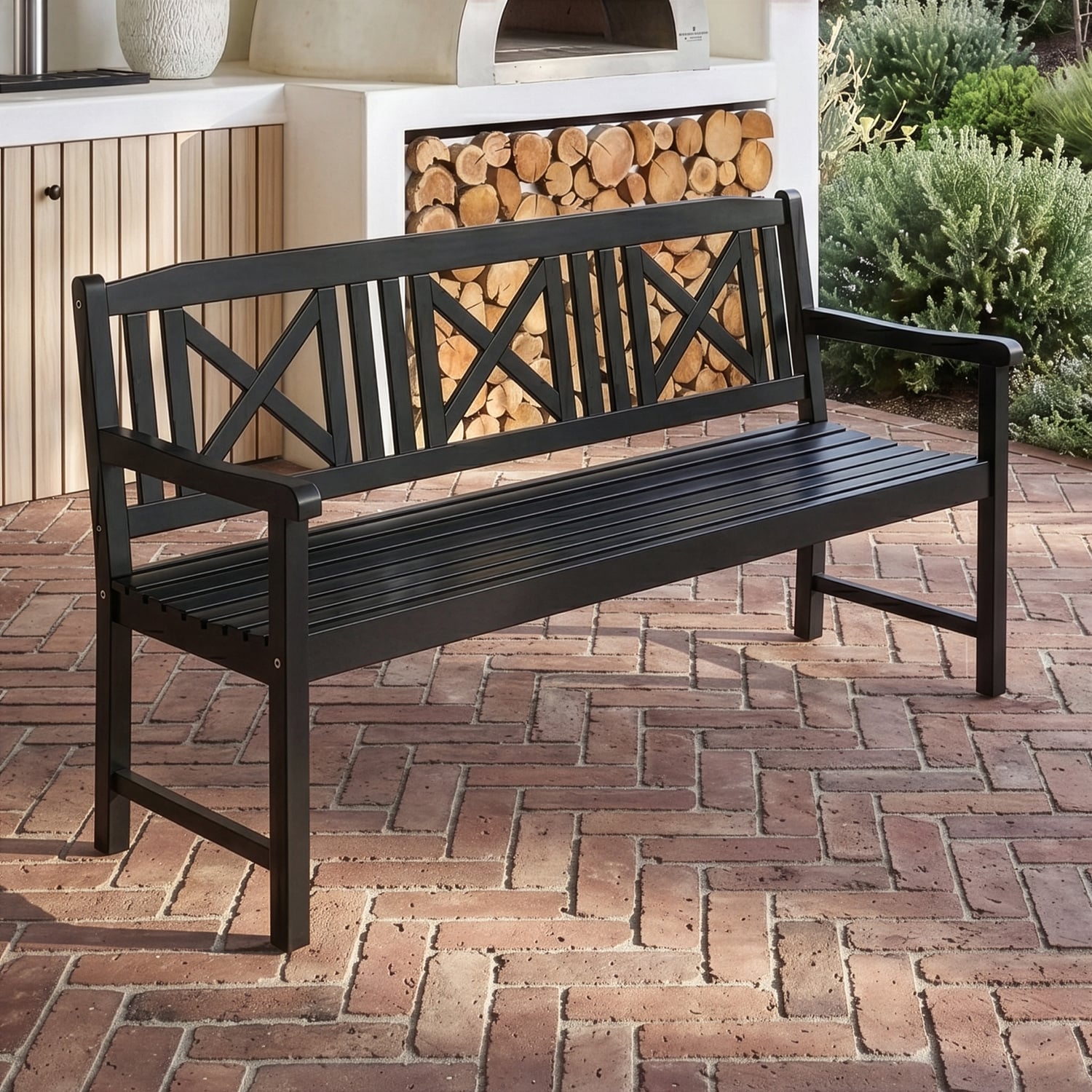 Black Santa Cruz 3 Seater Acacia Wood Outdoor Bench