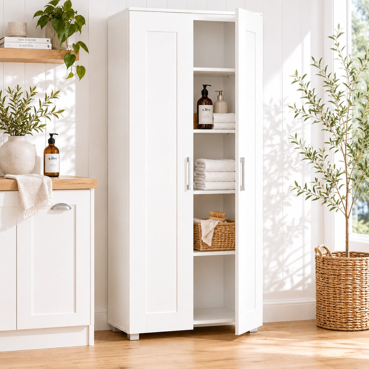 White Meecan Double Door Tall Cupboard