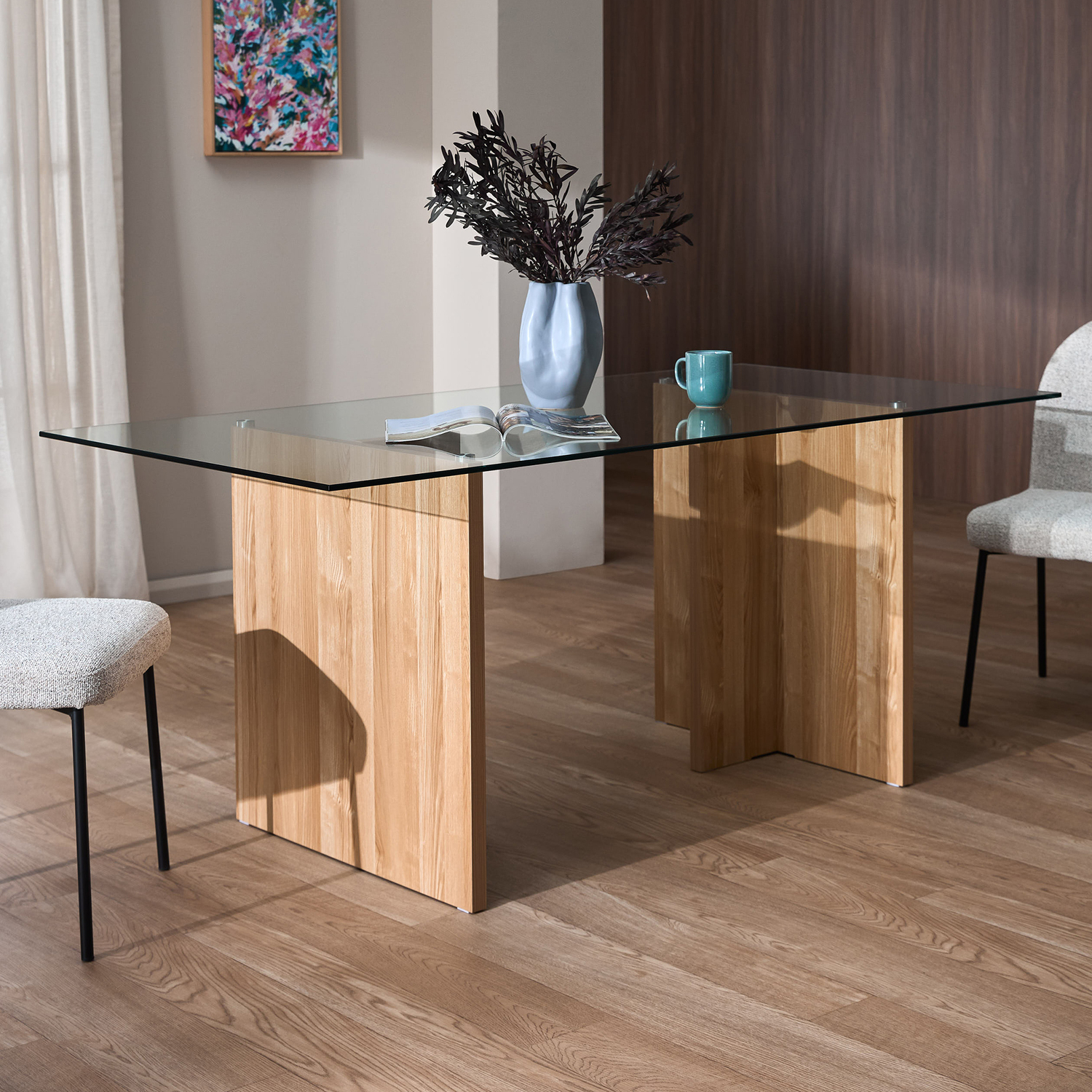 Nora Glass Dining Table and Hayden Upholstered Dining Chairs Set