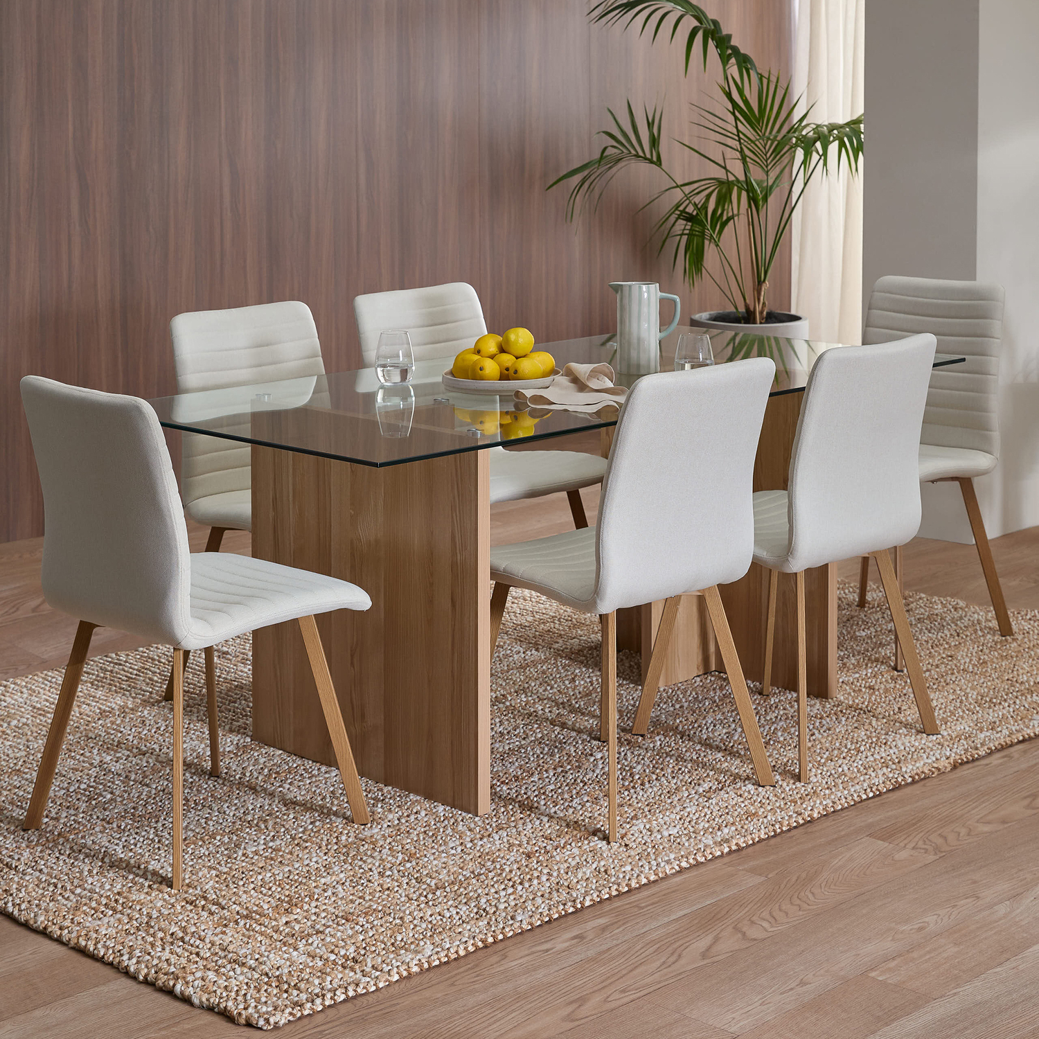 Nora Glass Dining Table and Hayden Upholstered Dining Chairs Set
