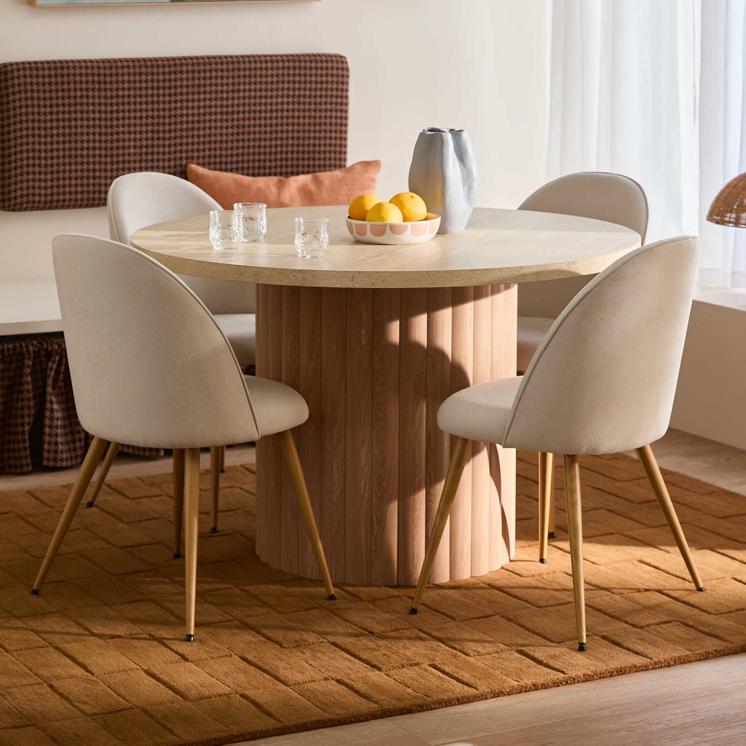 4 Seater Elodie Round Travertine-Look Dining Table & Charlie Chair Set