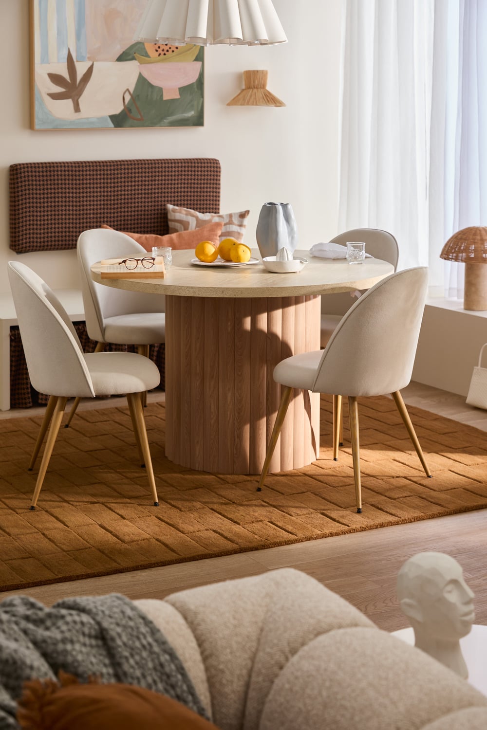 4 Seater Elodie Round Travertine-Look Dining Table & Charlie Chair Set