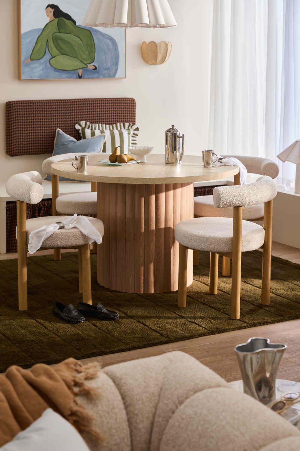 4 Seater Elodie Round Travertine-Look Dining Table & Roselin Chair Set