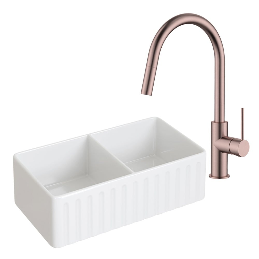 Bowral 835mm Double Fireclay Farmhouse Sink with Traditional Mixer & Pot Filler Package