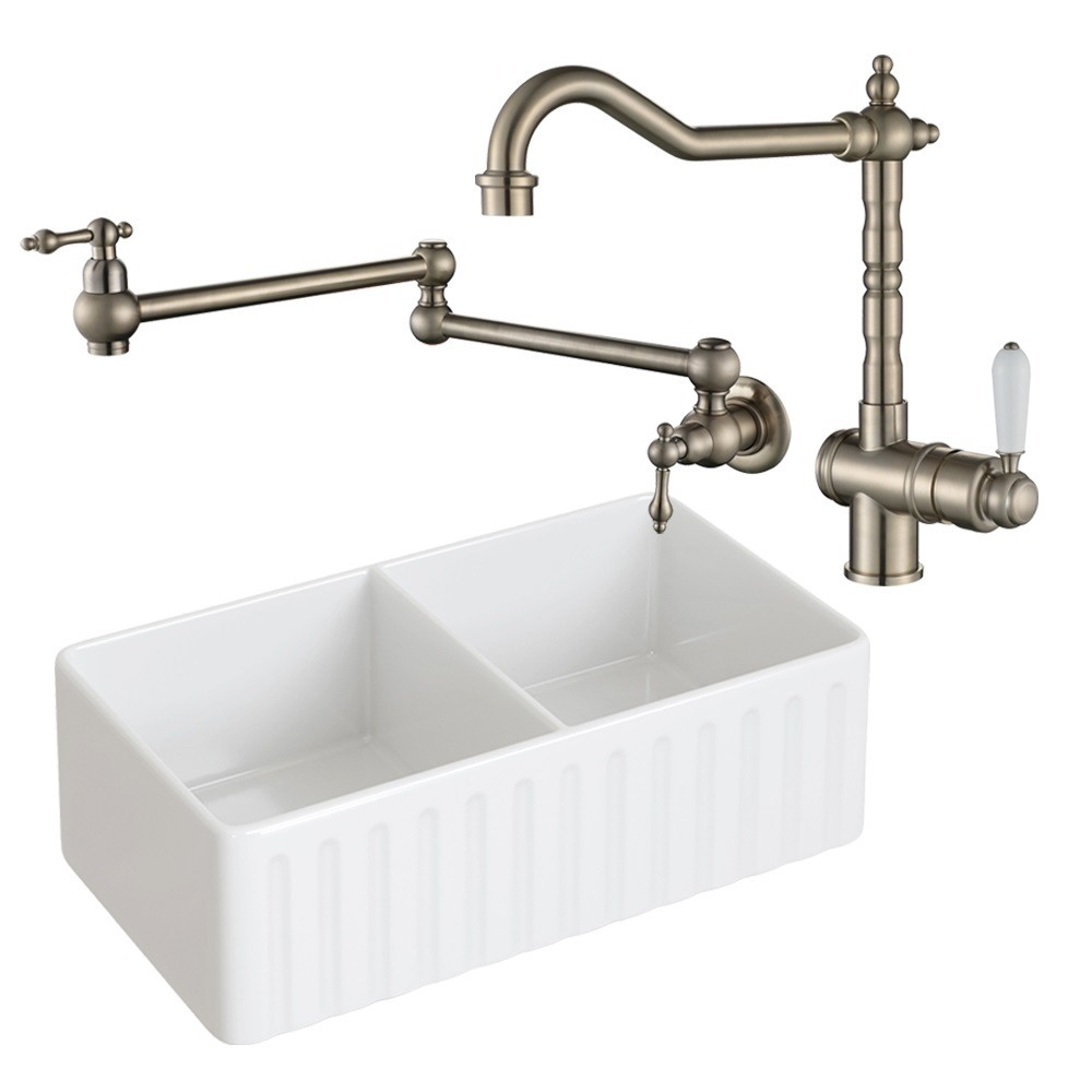 Bowral 835mm Double Fireclay Farmhouse Sink & Contempary Mixer Package