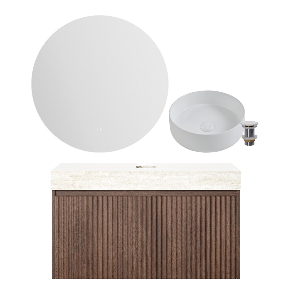 Florence Walnut 900mm Wall Hung Vanity & LED Mirror Package