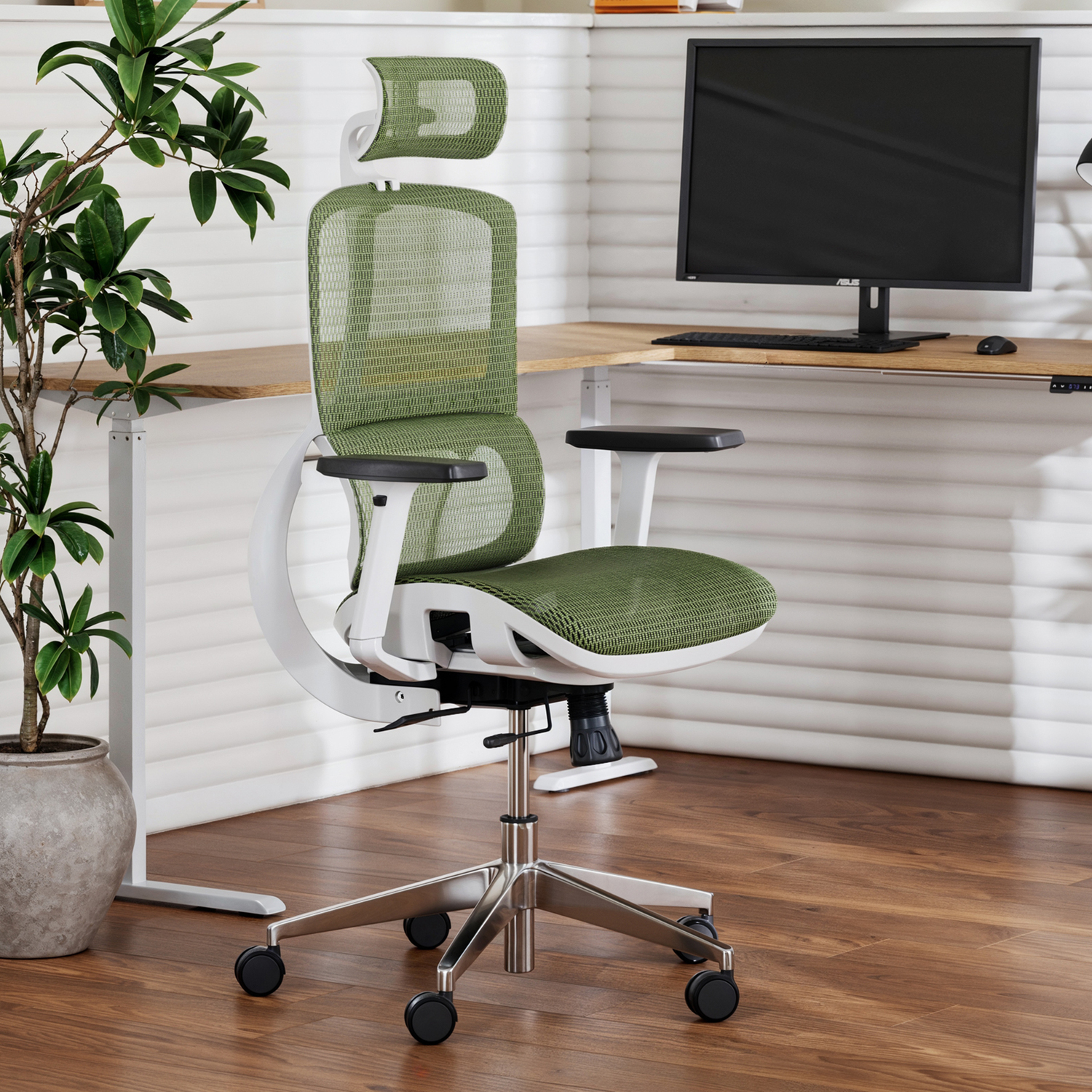 White & Green Elite Ergonomic Office Chair with Headrest