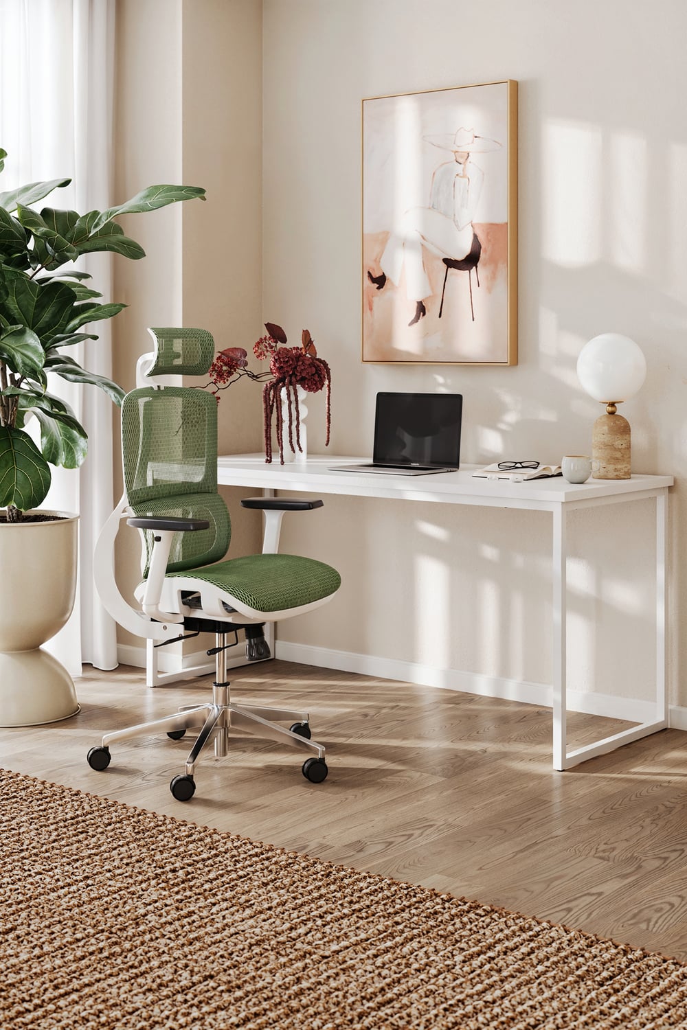 White & Green Elite Ergonomic Office Chair with Headrest