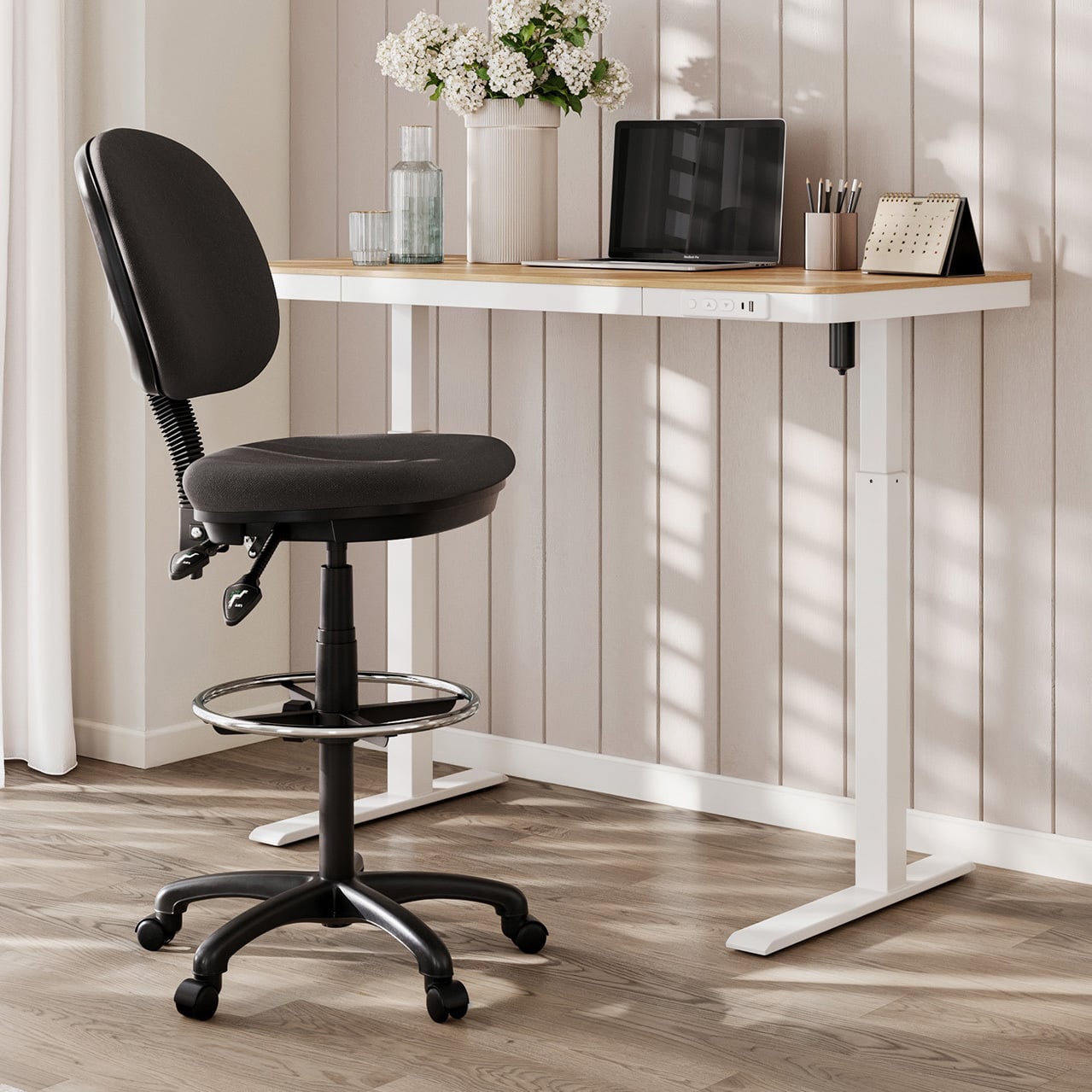 Dylan Medium Back Drafting Chair & Leo Sit & Stand Desk with Wireless Charging Station Set