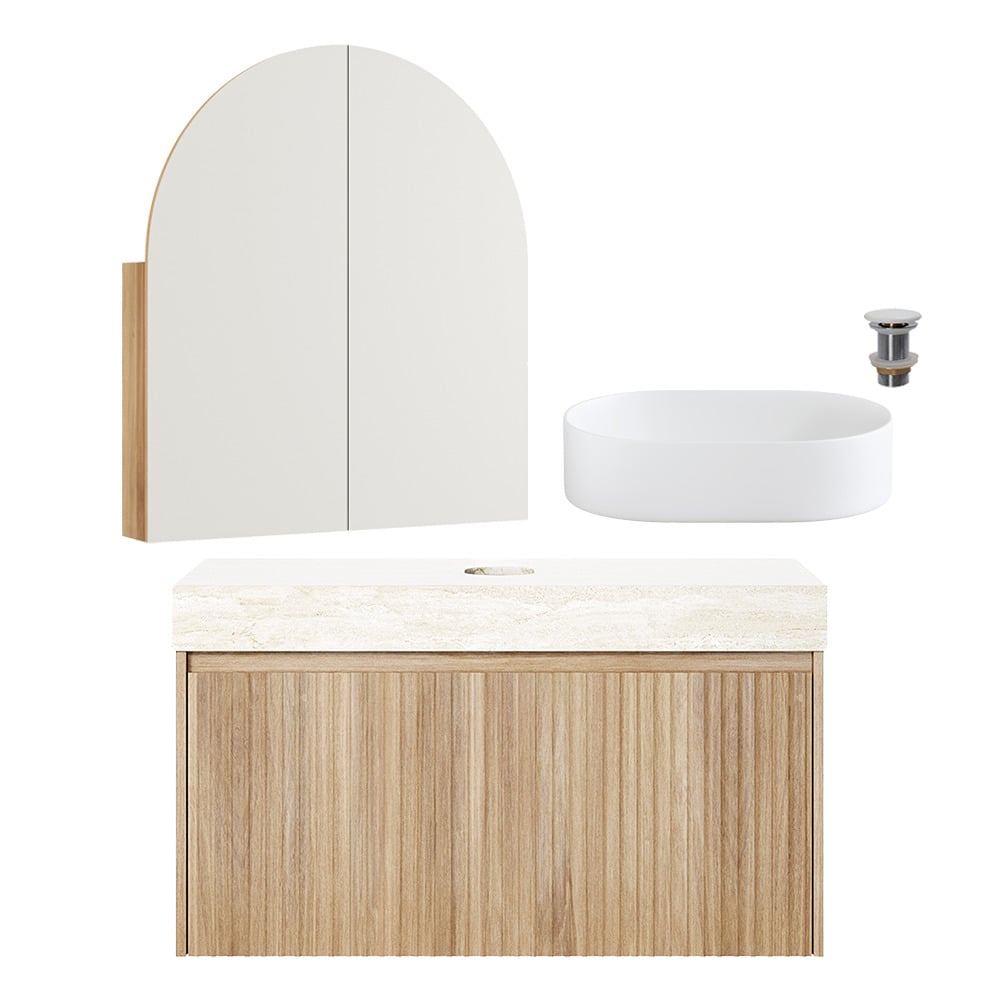 Florence Natural 900mm Wall Hung Vanity & LED Shaving Cabinet Package