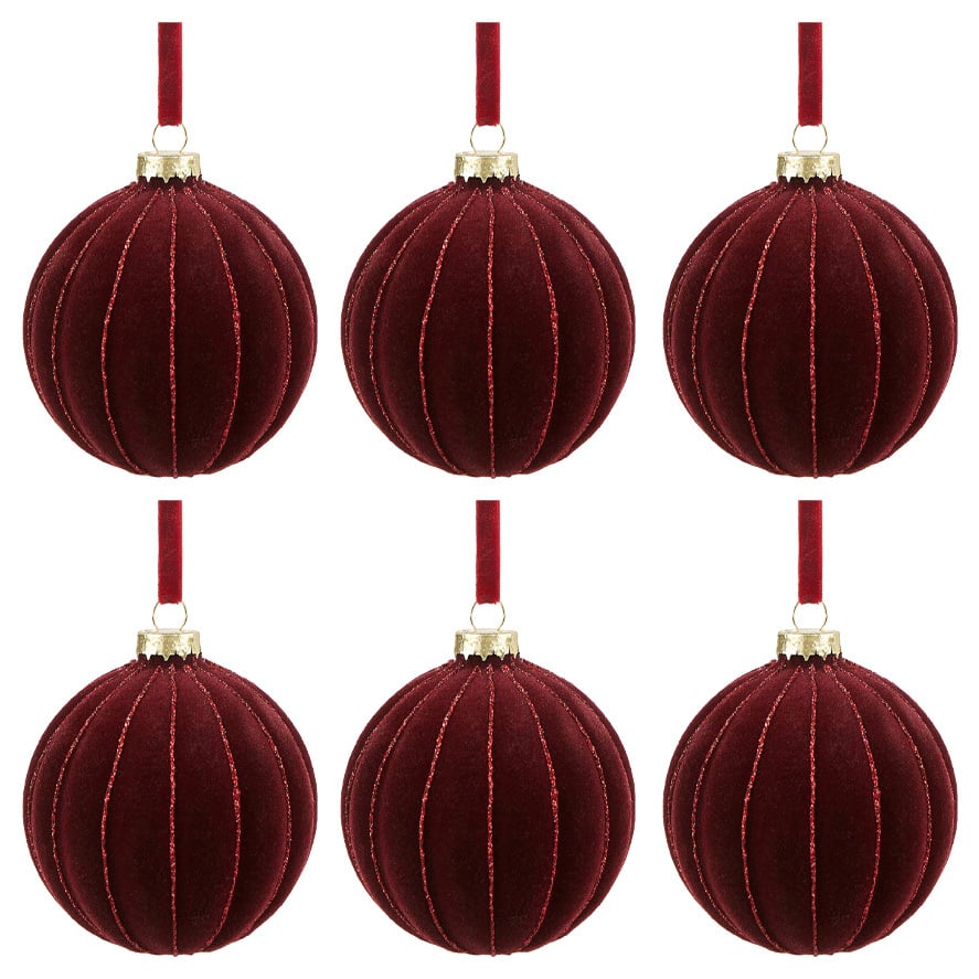 Set of 6 Velvet Flocked Glass Baubles
