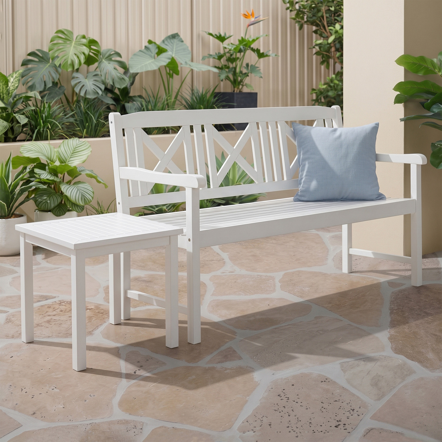 3 Seater White Santa Cruz Acacia Wood Outdoor Bench Set