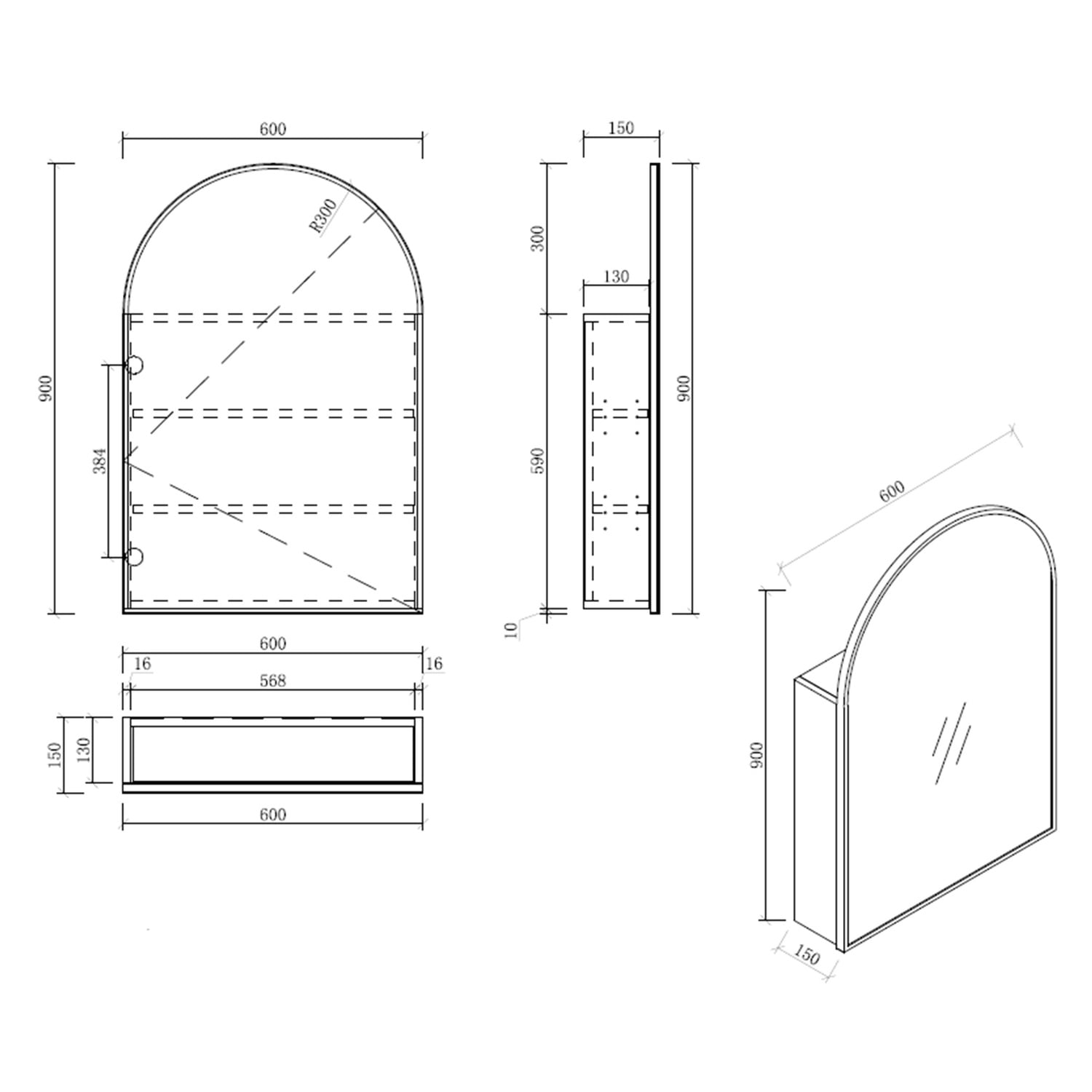Liberty 600mm Arch Mirrored Shaving Cabinet with Shelves