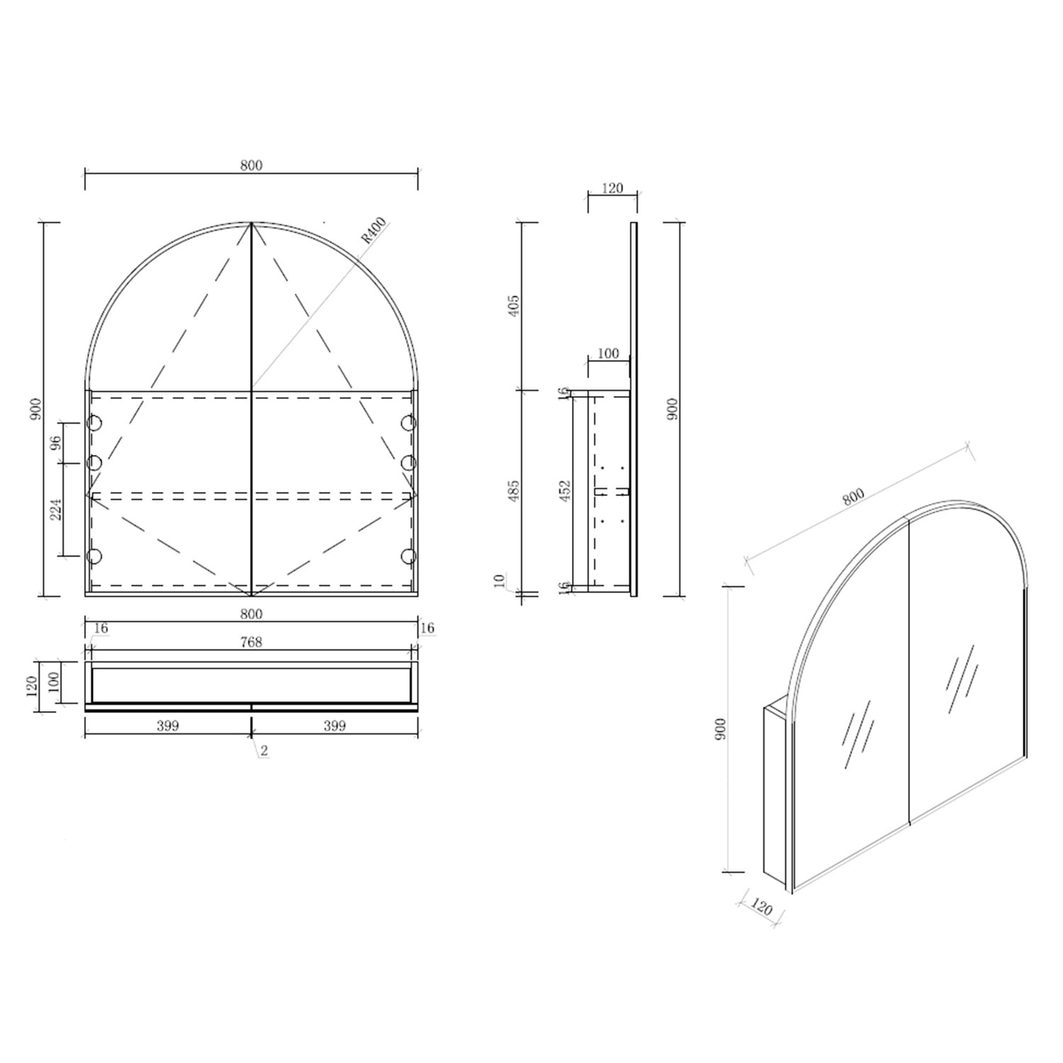 Liberty 800mm Arch Mirrored Shaving Cabinet with Shelves