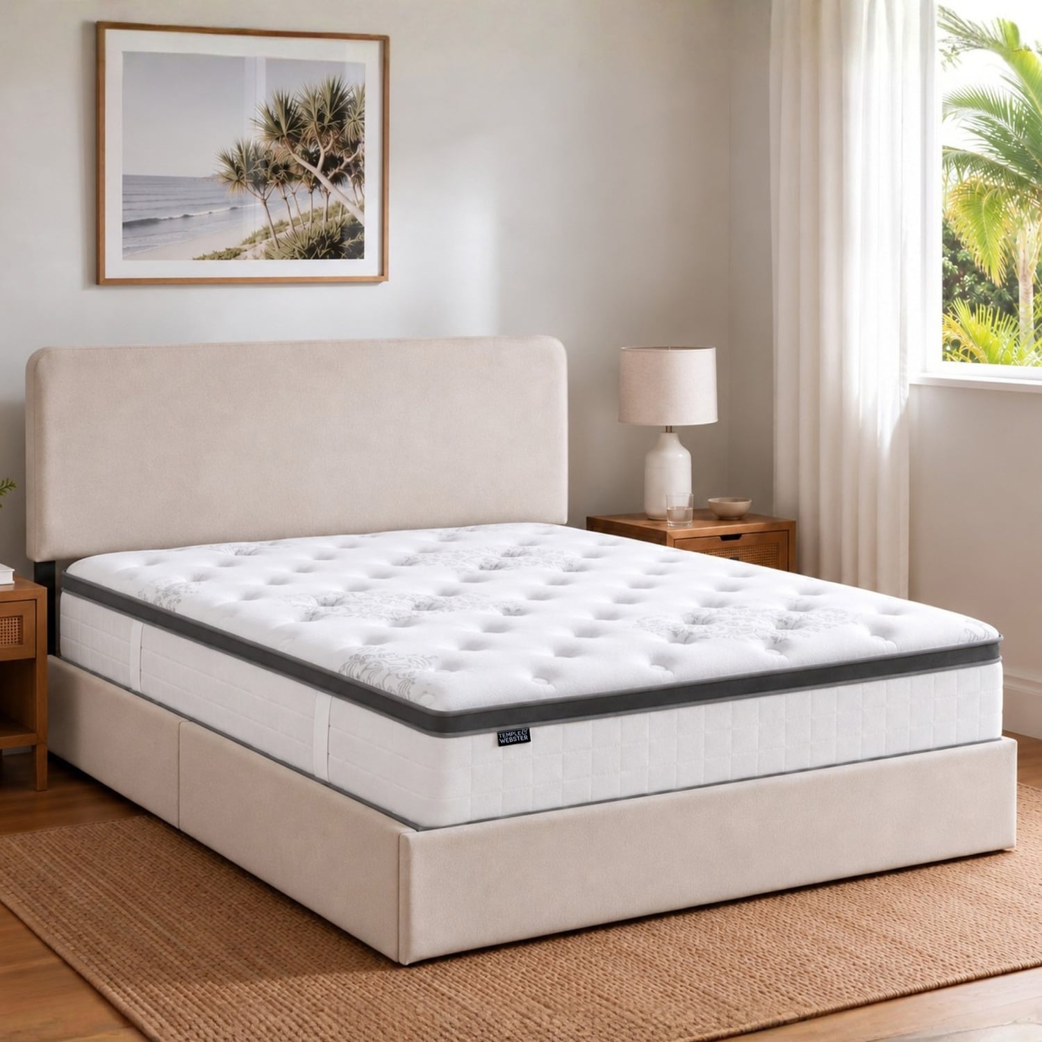 Beige Pauline Upholstered Bed Frame with Drawers & Medium Luxury Pocket Spring Mattress