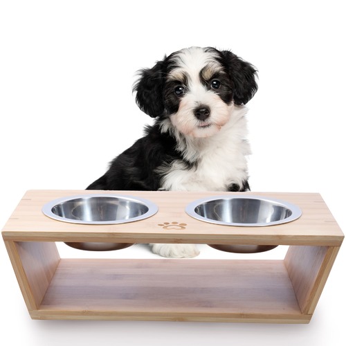 CharliesPetProduct Bamboo Dog Feeder with Stainless Steel Bowls ...