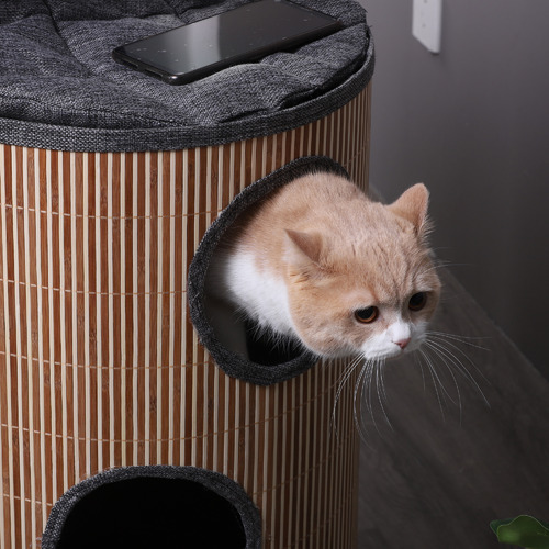 3 Hole Deluxe Bamboo Barrel Cat Scratcher Temple & ster