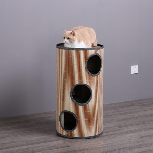 3 Hole Deluxe Bamboo Barrel Cat Scratcher Temple & ster