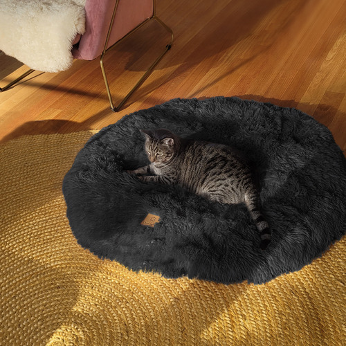 Charcoal-Shaggy-Faux-Fur-Round-Pet-Mat