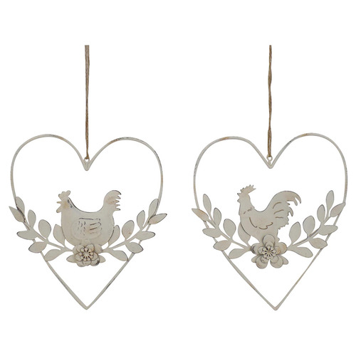 2 Piece Rooster & Chook Hanging Heart Ornament