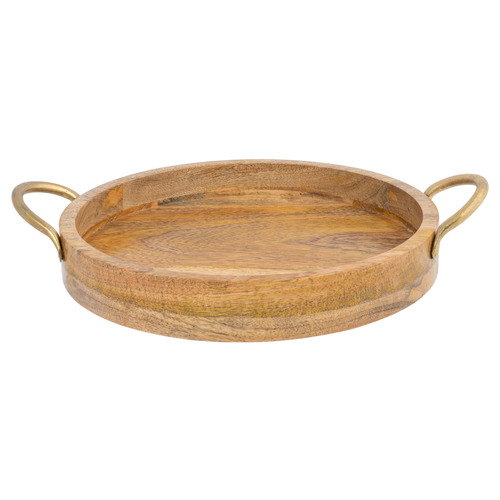 Hand-crafted Round Mango Wood Decorative Tray with Handles