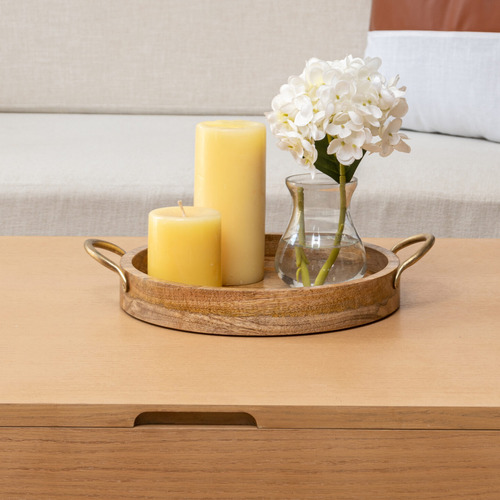 Hand-crafted Round Mango Wood Decorative Tray with Handles