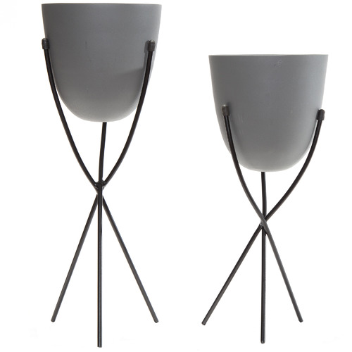 2 Piece Matte Grey Stilted Planter With Stand Set