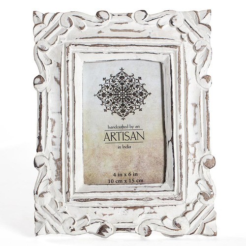 Whitewash Artisan 4 x 6" Carved Mango wood Photo frame