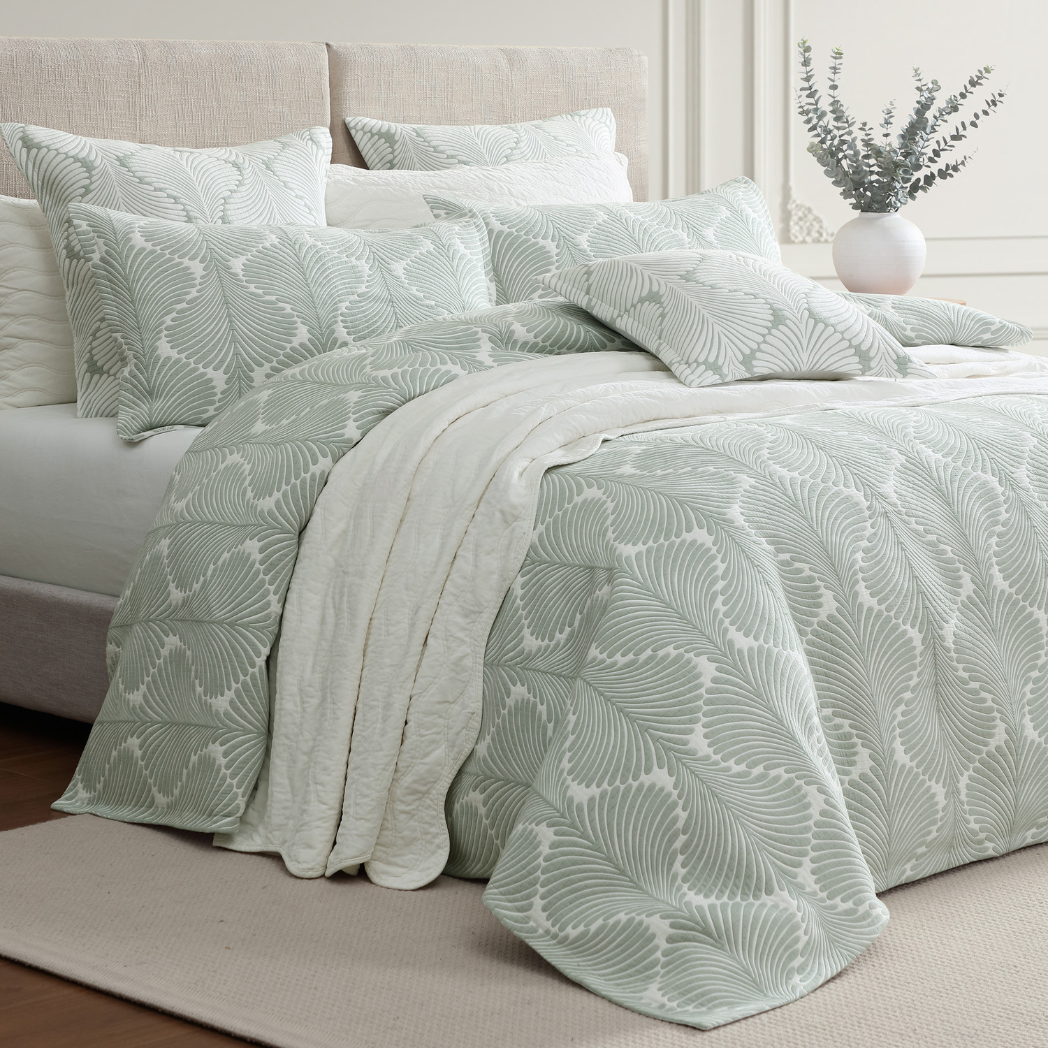 Sage Monsera Jacquard Quilt Cover Set