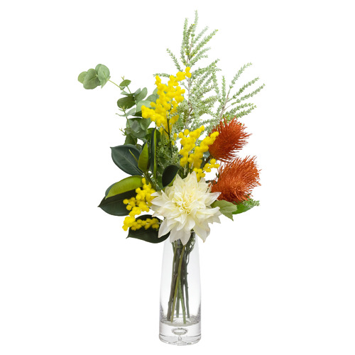 GlamorousFusion 80cm Faux Mixed Wattle Arrangement with Glass Vase Temple & ster
