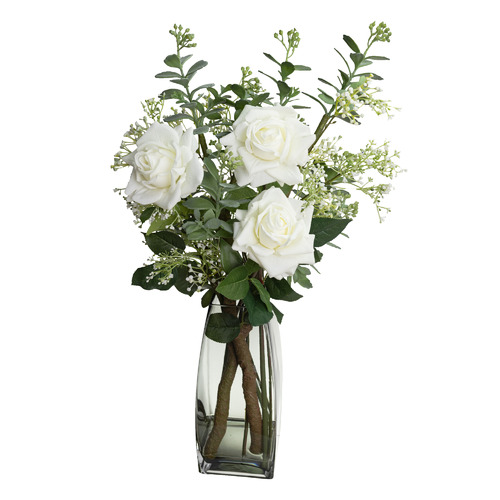 GlamorousFusion 70cm Faux White Rose with Glass Vase Temple & ster