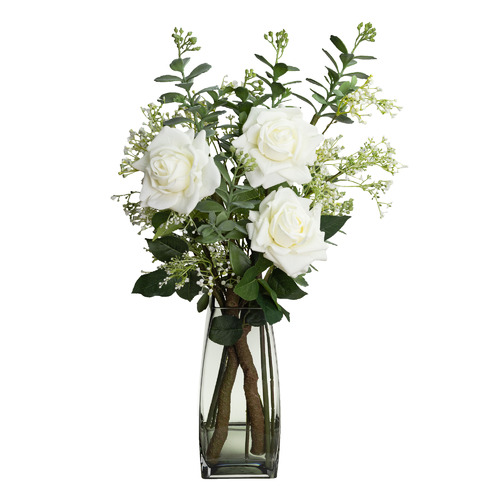 GlamorousFusion 70cm Faux White Rose with Glass Vase Temple & ster
