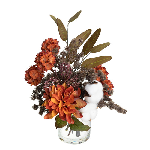 25cm Burnt Orange Faux Dahlia & Cotton Arrangement Temple & ster