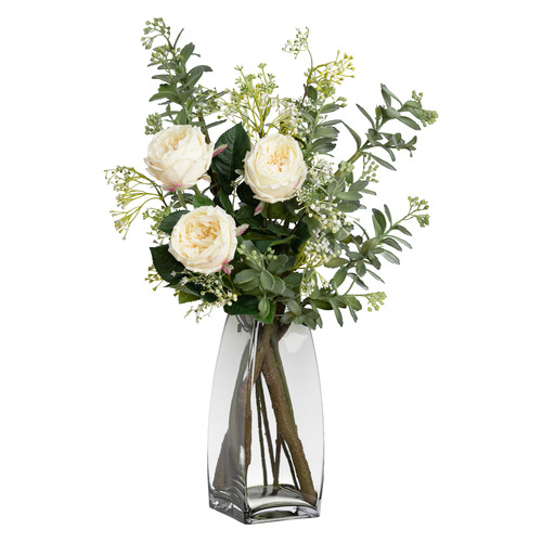 GlamorousFusion 70cm Faux White Rose with Glass Vase Temple & ster