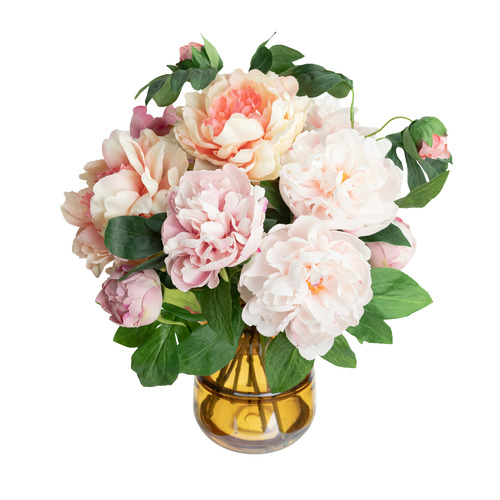 GlamorousFusion 40cm Faux Peony Arrangement with Glass Vase Temple & ster