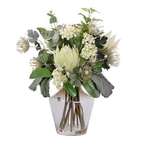 55cm Faux Protea Arrangement with Glass Vase | Temple & Webster