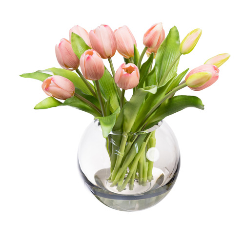 pollen&fauna 29cm Pink Faux Tulip Arrangement with Glass Vase Temple