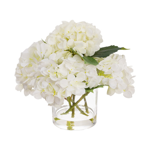 28cm White Faux Hydrangea Arrangement with Glass Vase | Temple & Webster