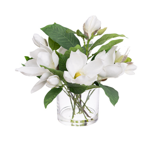 pollen&fauna 35cm White Faux Magnolia Arrangement with Glass Vase ...