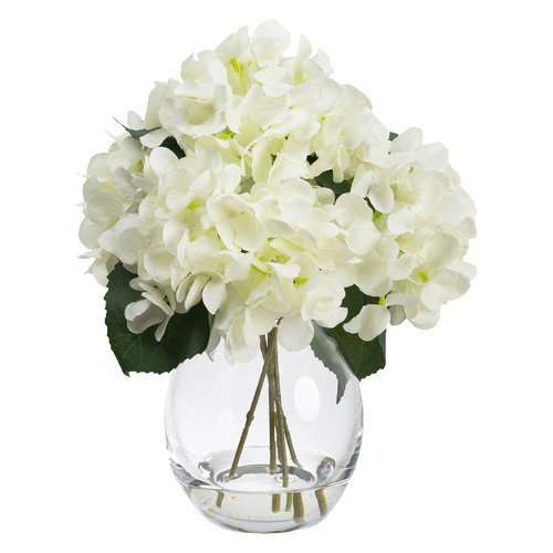 pollen&fauna 28cm White Faux Hydrangea Arrangement with Glass Vase ...