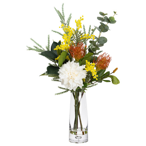 80cm Faux Mixed Wattle Arrangement with Glass Vase Temple & ster