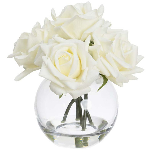 23cm White Faux Rose with Fishbowl Vase