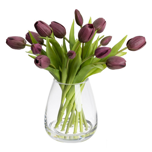 34cm Faux Purple Tulip Arrangement with Glass Vase