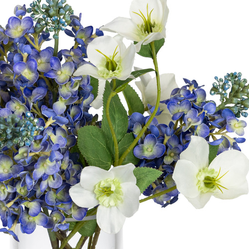 32cm Faux Blue Lilac Mixed Arrangement in Glass Vase