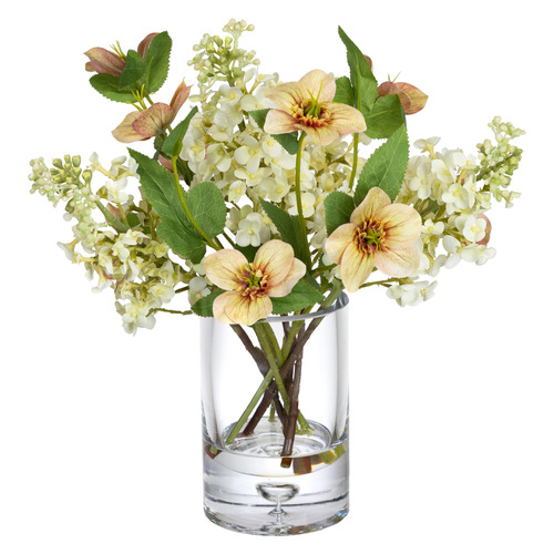 32cm Faux White Lilac Mixed Arrangement in Glass Vase