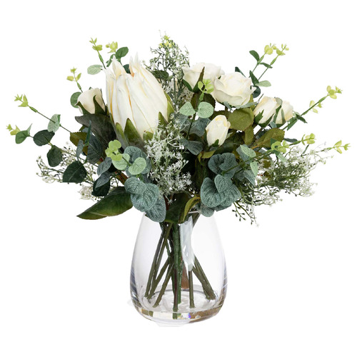40cm Potted Faux Protea & Rose Flower Arrangement
