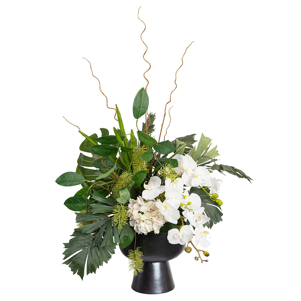 102cm Potted Faux Orchid & Palm Leaf Mixed Arrangement
